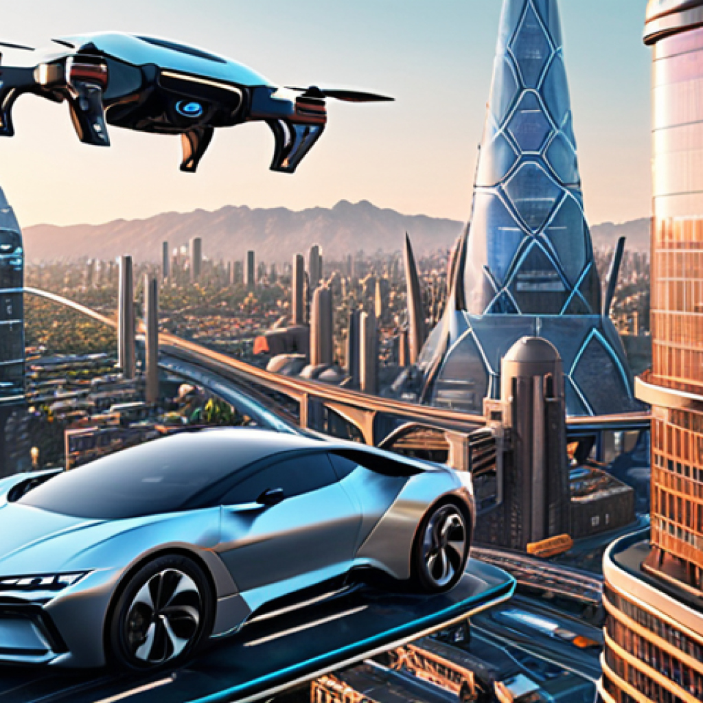 **

Futuristic cityscape with flying cars and advanced AI interfaces, highlighting the integration of AI in daily life and industry. Include elements representing both convenience and potential ethical concerns (e.g., surveillance). Emphasize a bright, technologically advanced aesthetic.

**