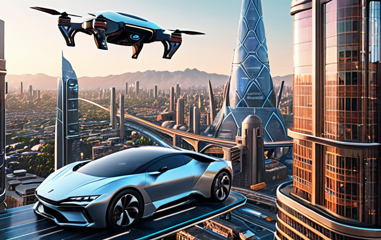 **

Futuristic cityscape with flying cars and advanced AI interfaces, highlighting the integration of AI in daily life and industry. Include elements representing both convenience and potential ethical concerns (e.g., surveillance). Emphasize a bright, technologically advanced aesthetic.

**