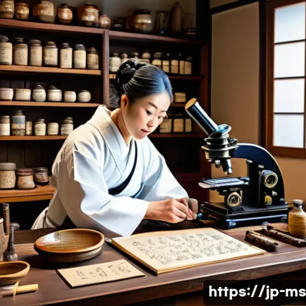 과학의 역사에서 중요한 인물들 - A detailed, realistic illustration of a historical scientific laboratory scene in 17th century Japan...