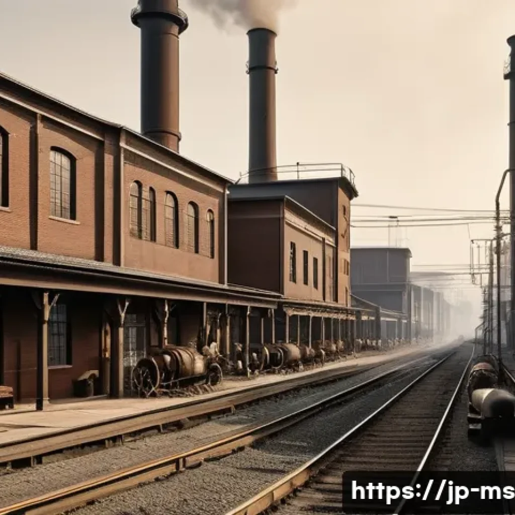 과학적 발견과 시대적 배경 - A detailed scene illustrating the Industrial Revolution era in Japan, focusing on the rise of capita...