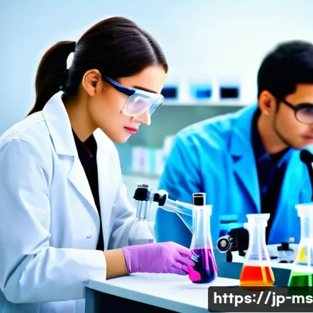 과학적 발견의 정체성과 변화 - A modern scientific laboratory scene showing a diverse group of researchers conducting experiments a...