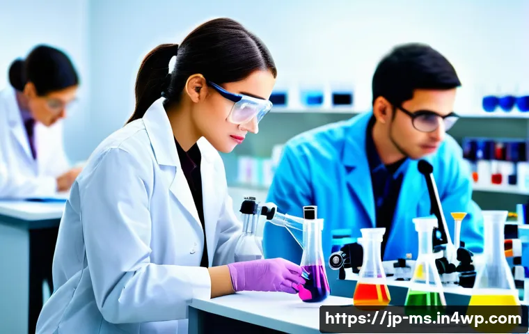 과학적 발견의 정체성과 변화 - A modern scientific laboratory scene showing a diverse group of researchers conducting experiments a...