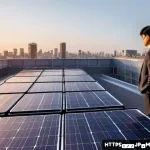 주요 과학적 발견에 대한 대중의 반응 - A futuristic urban rooftop scene at sunset, showcasing flexible, lightweight perovskite solar panels...