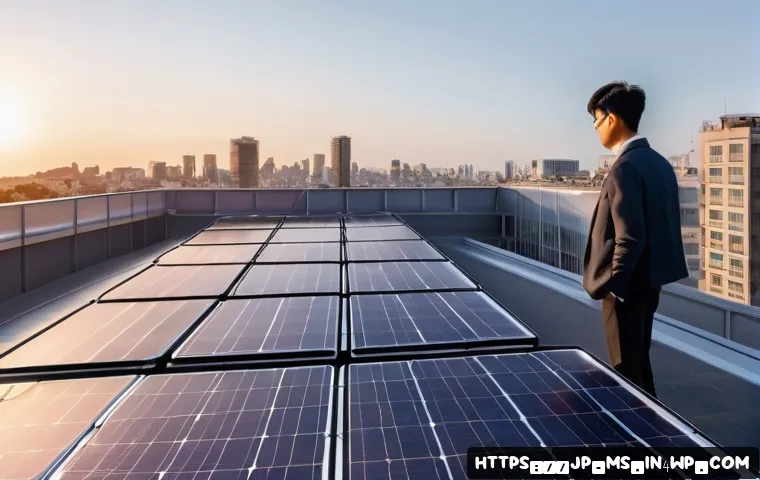 주요 과학적 발견에 대한 대중의 반응 - A futuristic urban rooftop scene at sunset, showcasing flexible, lightweight perovskite solar panels...