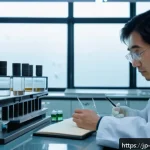 과학적 발견의 역사적 사건 정리 - A detailed scientific laboratory scene showing a Japanese researcher in modern casual attire careful...