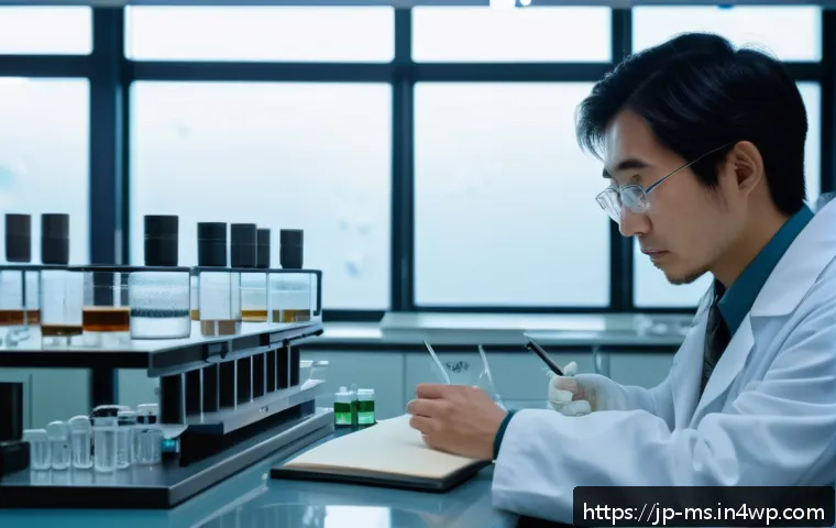 과학적 발견의 역사적 사건 정리 - A detailed scientific laboratory scene showing a Japanese researcher in modern casual attire careful...