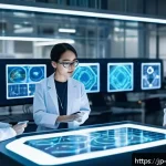과학적 발견을 위한 창의적 접근 - A futuristic scientific laboratory scene showing a diverse team of researchers collaborating using a...