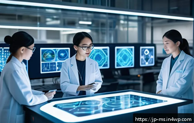 과학적 발견을 위한 창의적 접근 - A futuristic scientific laboratory scene showing a diverse team of researchers collaborating using a...