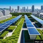 과학적 발견과 지속 가능한 발전 - A futuristic cityscape featuring buildings with integrated perovskite solar panels on windows and ro...