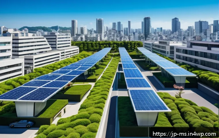 과학적 발견과 지속 가능한 발전 - A futuristic cityscape featuring buildings with integrated perovskite solar panels on windows and ro...
