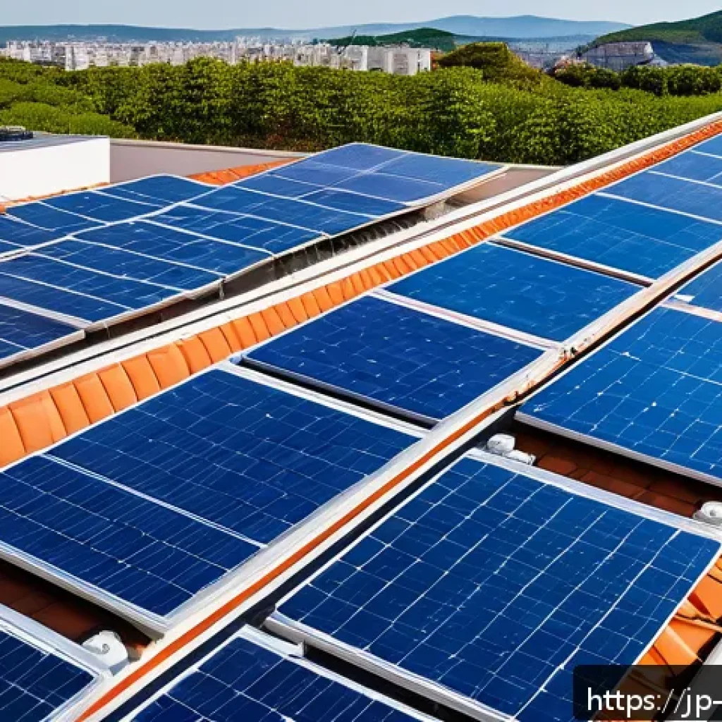 과학적 발견과 인류의 미래 - A futuristic residential rooftop covered with advanced solar panels and sleek wind turbines, showcas...