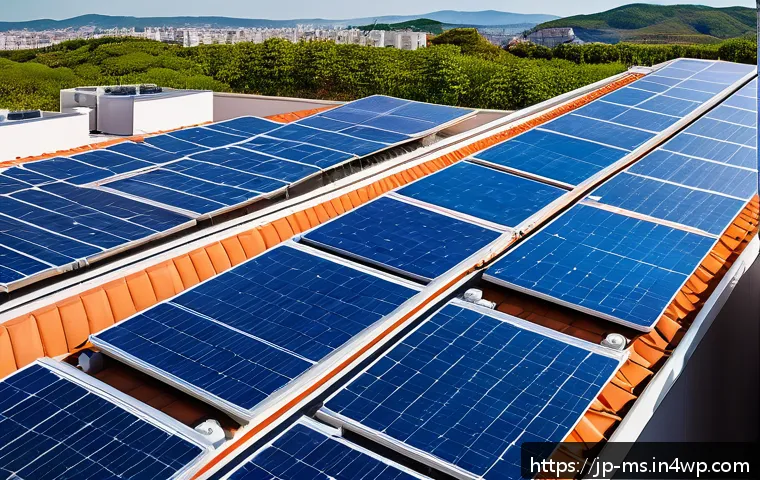 과학적 발견과 인류의 미래 - A futuristic residential rooftop covered with advanced solar panels and sleek wind turbines, showcas...